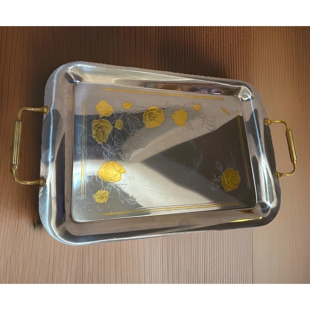 Vintage Serving Tray, Gilded Rose Design‎ and handles.  "ORO S.A.F. 18/10 24 k"